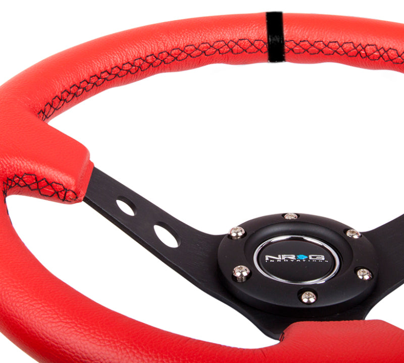 NRG Reinforced Steering Wheel (350mm / 3in. Deep) Red Suede w/Blk Circle Cutout Spokes.