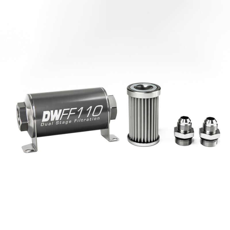 DeatschWerks Stainless Steel 8AN 5 Micron Universal Inline Fuel Filter Housing Kit (110mm).