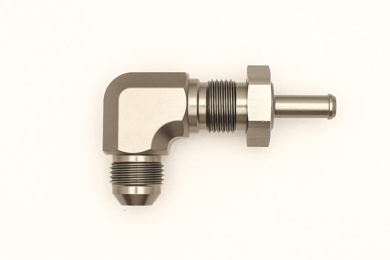 DeatschWerks 8AN Male Flare To 5/16in. Male Barb Bulkhead Adapter 90-Degree (Incl. Nut).