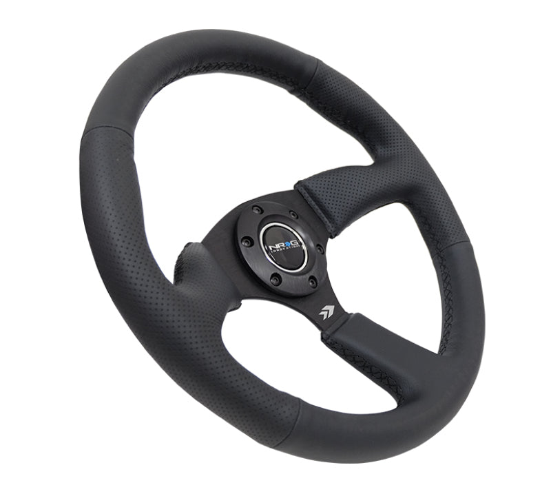 NRG Reinforced Steering Wheel (350mm / 2.5in. Deep) Blk Leather Comfort Grip w/5mm Matte Blk Spokes.