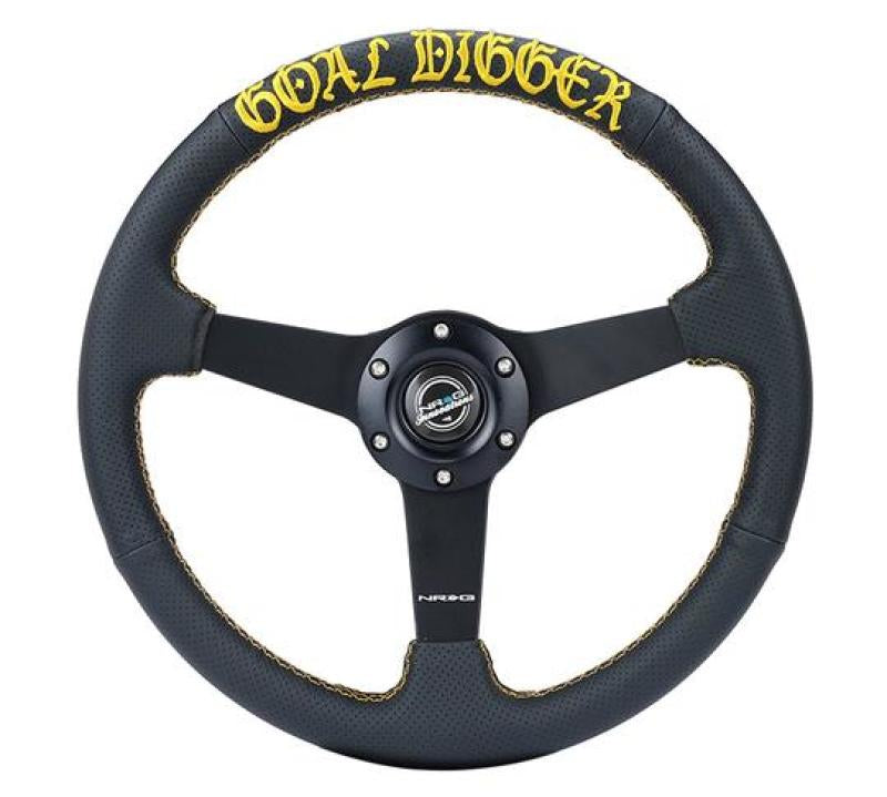 NRG Sport Steering Wheel (350mm / 1.5in Deep) Black Leather/Gold Stitch w/Matte Black Solid Spokes.