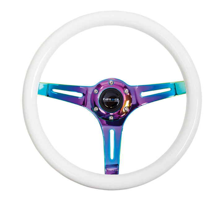 NRG Classic Wood Grain Steering Wheel (350mm) Glow-N-The-Dark Green Grip w/Neochrome 3-Spoke Center.