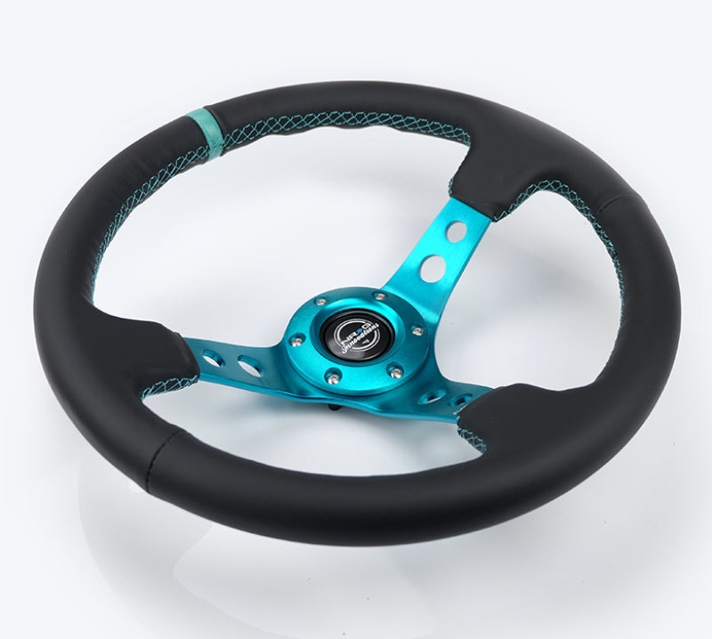 NRG Reinforce Steering Wheel (350mm / 3in. Deep) Blk Leather, Teal Center Mark w/ Teal Stitching.