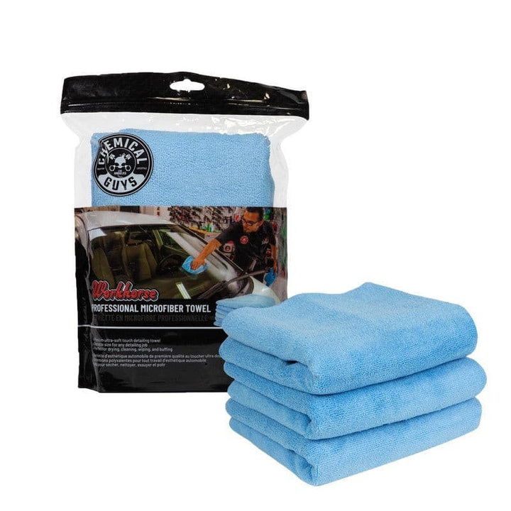 Chemical Guys Workhorse Professional Microfiber Towel - 16in x 16in - Blue - 3 Pack.