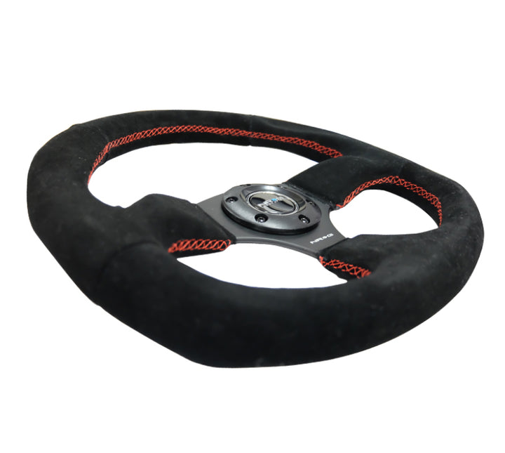 NRG Reinforced Steering Wheel (320mm Horizontal / 330mm Vertical) Suede w/Red Stitch.