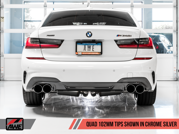 AWE Tuning 2019+ BMW M340i (G20) Non-Resonated Touring Edition Exhaust - Quad Chrome Silver Tips.