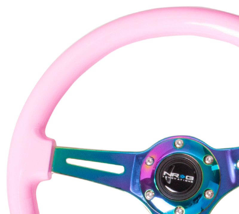 NRG Classic Wood Grain Steering Wheel (350mm) Solid Pink Painted Grip w/Neochrome 3-Spoke Center.