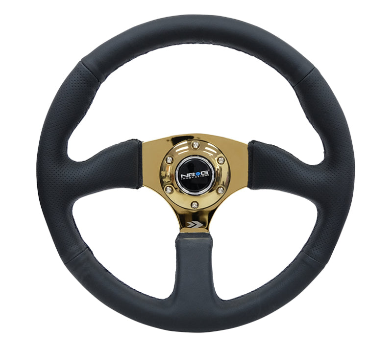 NRG Reinforced Steering Wheel (350mm / 2.5in. Deep) Leather Race Comfort Grip w/4mm Gold Spokes.
