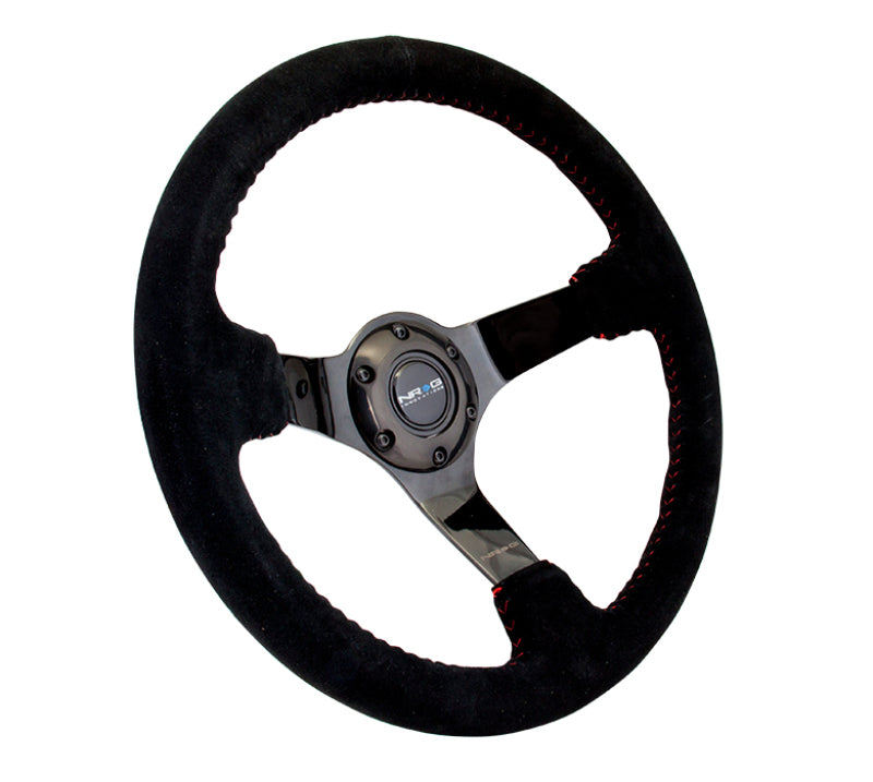 NRG Reinforced Steering Wheel (350mm / 3in. Deep) Blk Suede w/Red BBall Stitch & Black 3-Spoke.