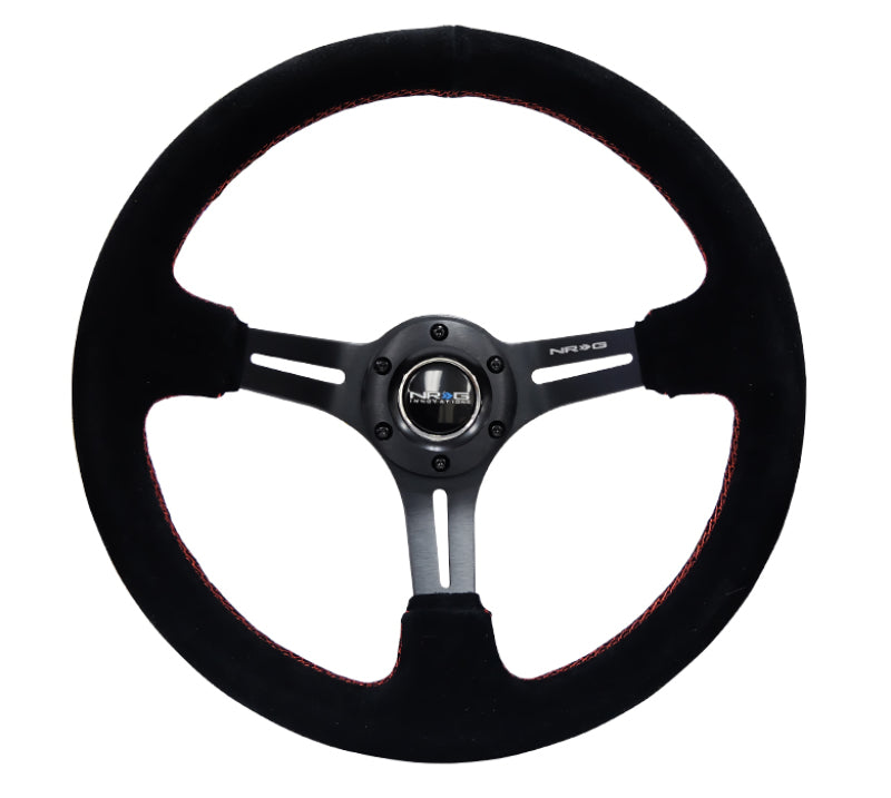 NRG Reinforced Steering Wheel (350mm / 3in. Deep) Blk Suede w/Red Stitching & 5mm Spokes w/Slits.