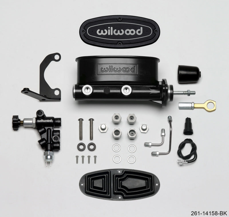 Wilwood HV Tandem M/C Kit w L/H Bracket & Prop Valve - 15/16in Bore Black-W/Push. - Early Mustang.