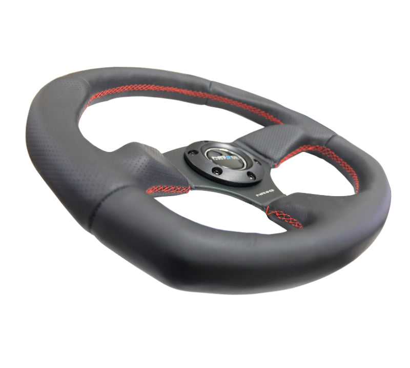NRG Reinforced Steering Wheel (320mm Horizontal / 330mm Vertical) Leather w/Red Stitching.