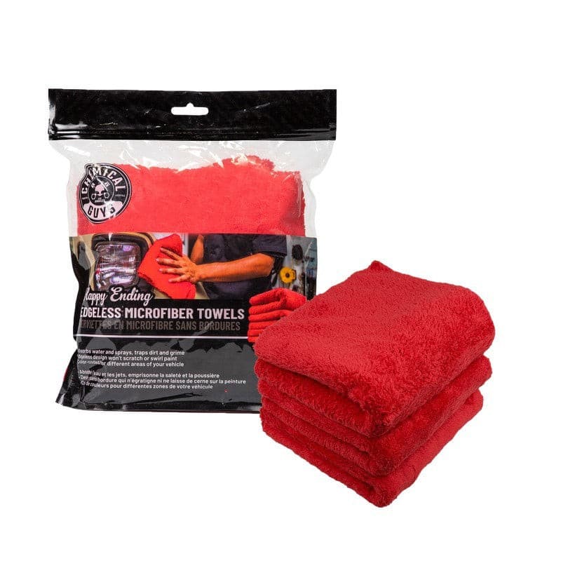 Chemical Guys Happy Ending Ultra Edgeless Microfiber Towel - 16in x 16in - Red - 3 Pack.